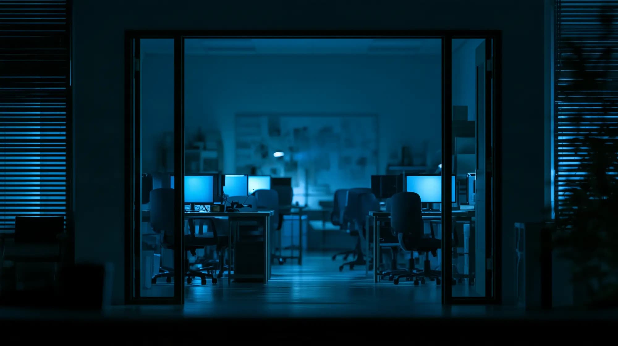 夜里的工作室,门后一排屏幕还亮着