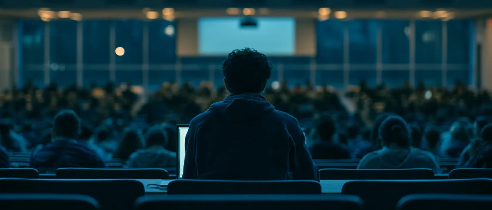 阶梯教室后排,一名学生对着笔记本电脑听课的背影